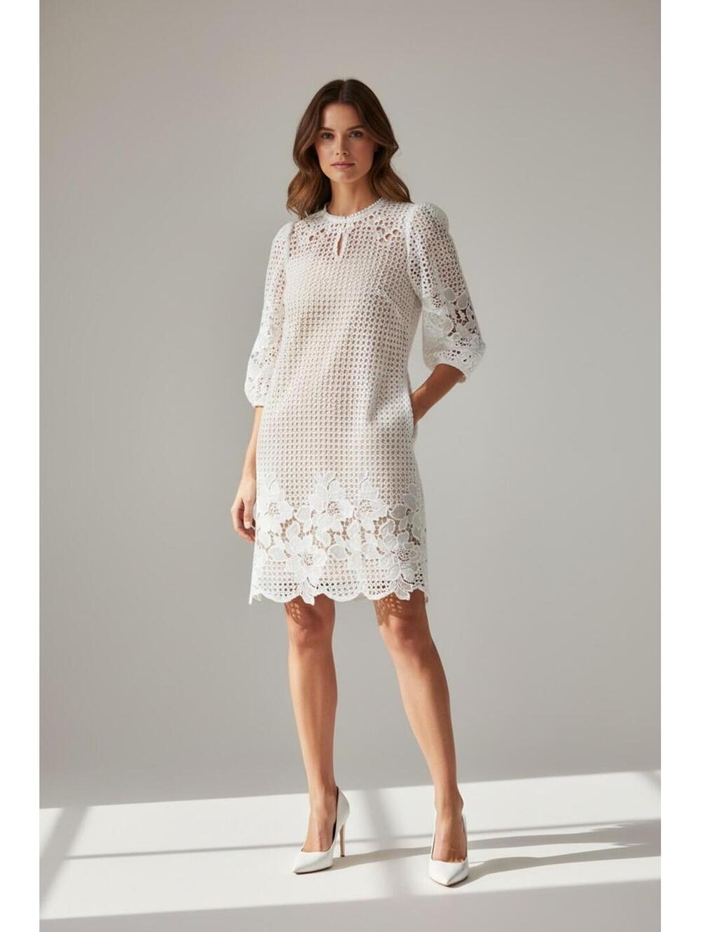 WHBM White Lace Eyelet Crochet Shift Dress 3/4 Sleeve Size 4